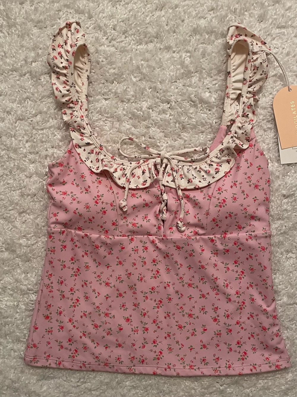 Blogilates Women’s Ruffle Lace Up Tank Pink Floral size Medium NWT